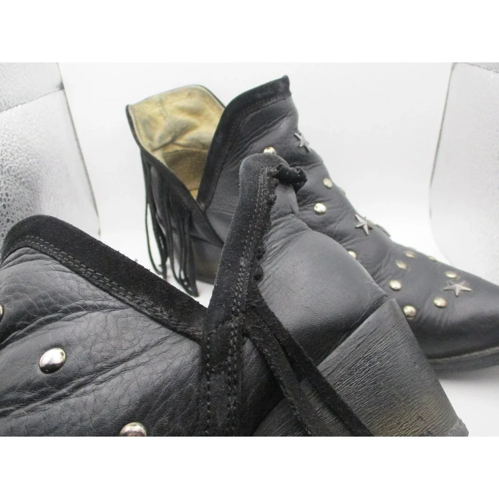 Black‎ Leather Star Studded Pointed Toe Ankle Boots Leopard Print Lining Womens